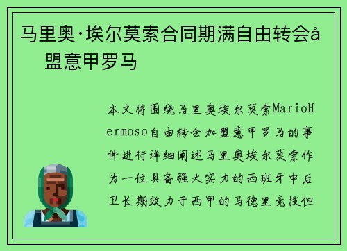 马里奥·埃尔莫索合同期满自由转会加盟意甲罗马