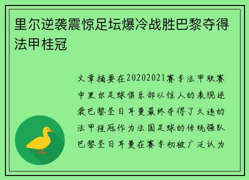 里尔逆袭震惊足坛爆冷战胜巴黎夺得法甲桂冠 里尔逆袭震惊足坛爆冷战胜巴黎夺得法甲桂冠